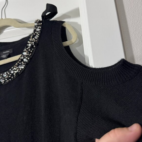 Halogen Women's Black Cold Shoulder Rhinestone Viscose Cashmere Blend Sweater M - Picture 7 of 13